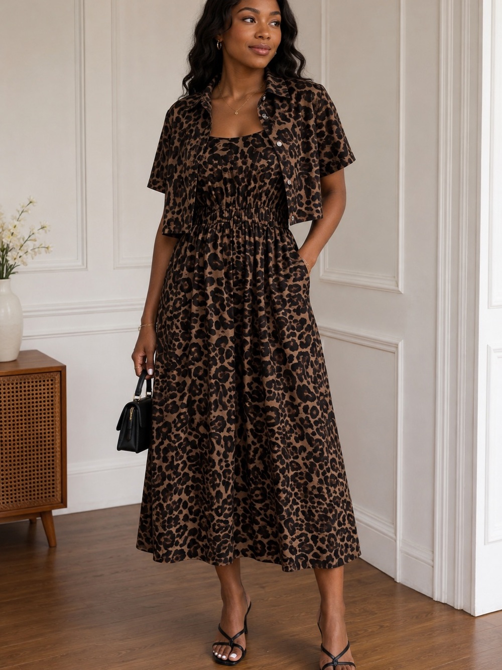 Leopard Print Brown Midi Dress with Cropped Shirt